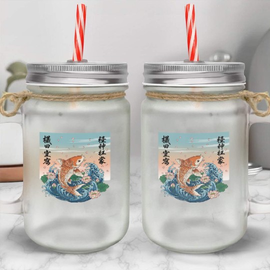 Koi Fish and Lotus Harmony Design Mason Jar Cups