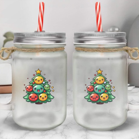 Kawaii Christmas Tree with Chibi Ornaments Mason Jar Cups