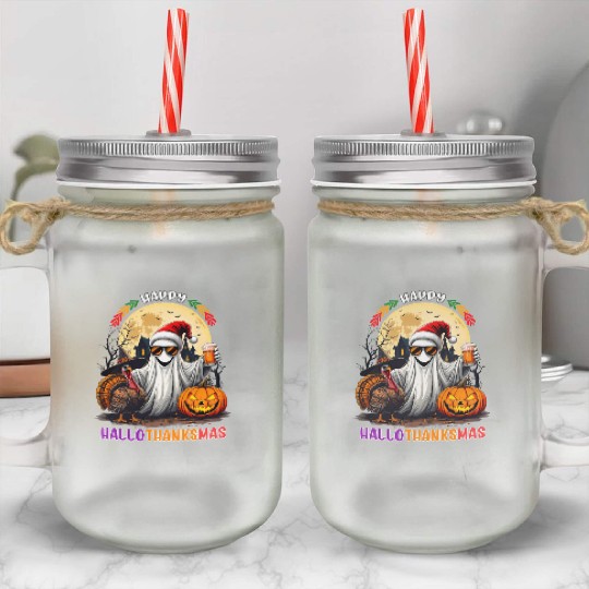 Happy Hallothanksmas Halloween Thanksgiving Xmas Mason Jar Cups