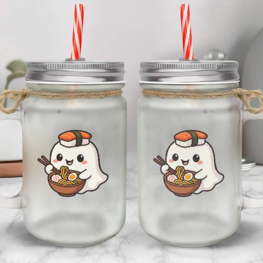 Kawaii Sushi Ghost Illustration Mason Jar Cups
