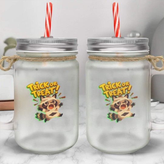 Cute raccoon in mummy costume with Trick or Treat Mason Jar Cups