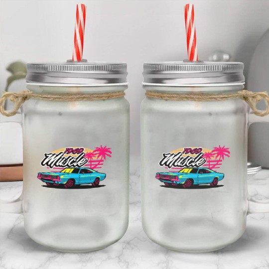 Retro 1969 Muscle Car Sunset Design Mason Jar Cups