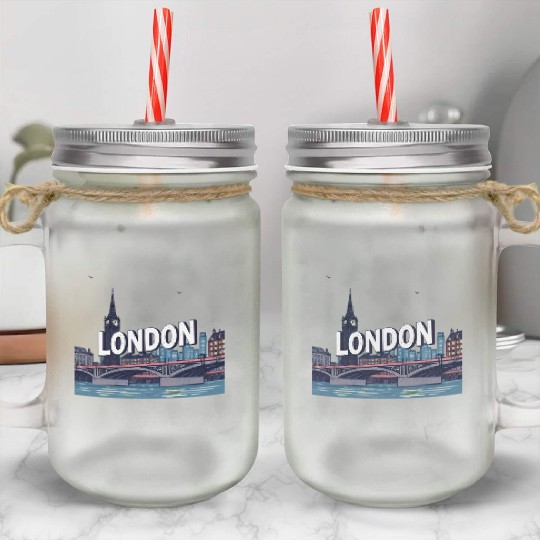 London Night Skyline Illustration Mason Jar Cups