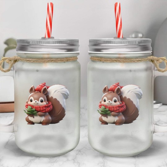 Festive Squirrel with Plaid Hat and Scarf Mason Jar Cups