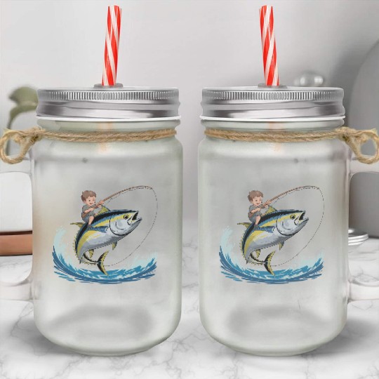 Joyful young boy rides massive jumping tuna Mason Jar Cups