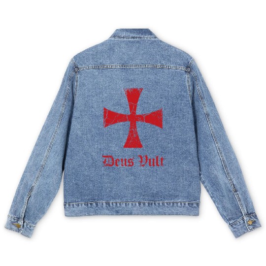 Distressed Deus Vult Knights Templar Cross Crusade Men's Denim Jackets