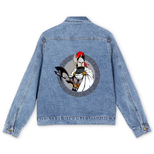 ancient warrior Sparta ax helmet raincoat pattern Men's Denim Jackets