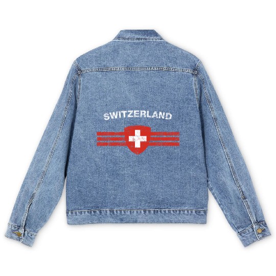 Swiss Flag Men's Denim Jackets - Swiss Emblem & Switzerland Flag