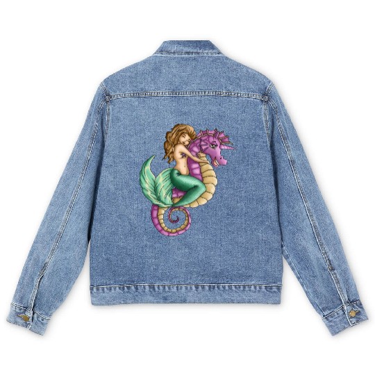 Little mermaid and cute seahorse lovely friendship Men's Denim Jackets