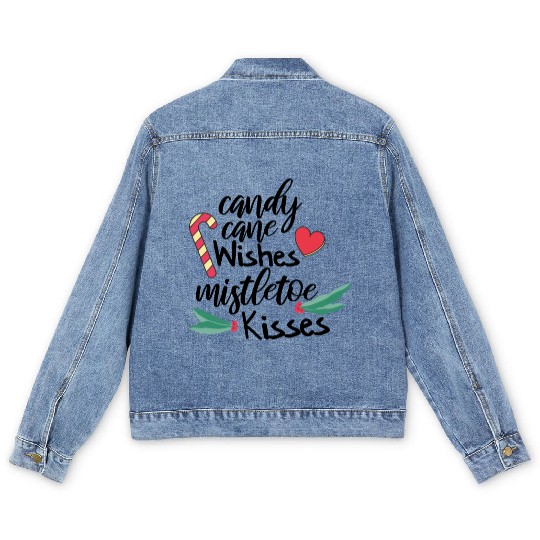 Candy cane wishes and mistletoe kisses Men's Denim Jackets