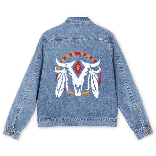 Aztec Pattern Cow Skull Cowboy Indian Mexican Men's Denim Jackets