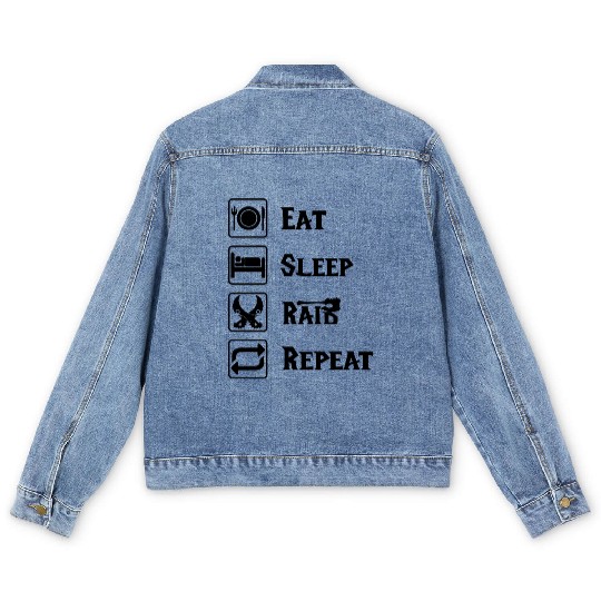Eat sleep raid repeat world of warcraft present Men's Denim Jackets
