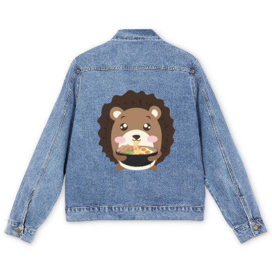 Hedgehog Eating Ramen Noodle Soup Cute Men's Denim Jackets