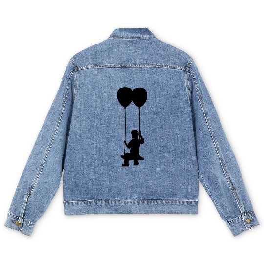 swing boy fly air balloon hovering sky silhouette Men's Denim Jackets
