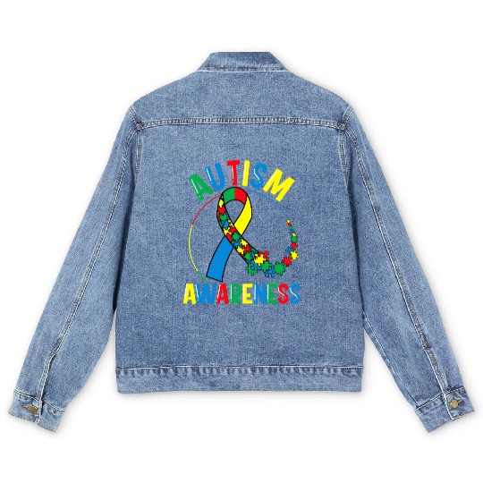 Colorful Autism Awareness Day Puzzle Ribbon Men's Denim Jackets