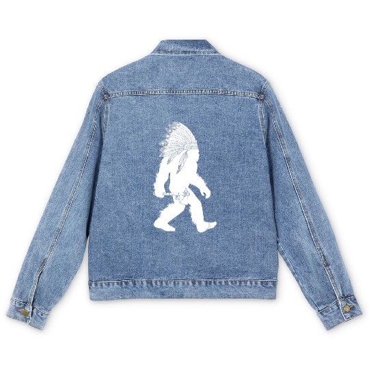 native american bigfoot wearing head holding Men's Denim Jackets