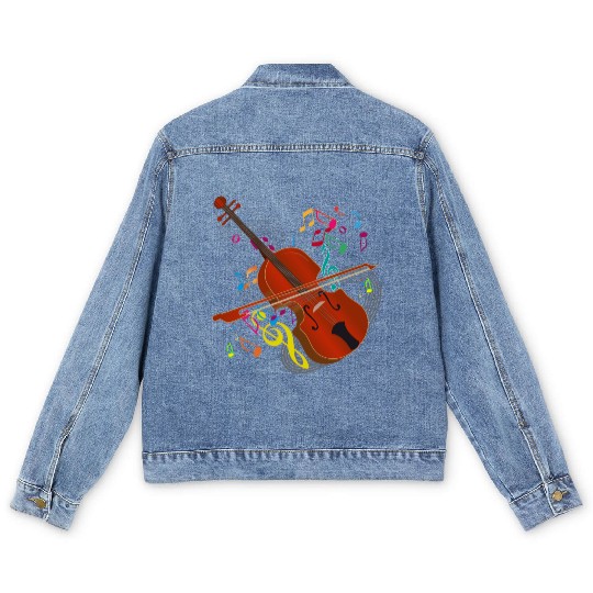 red-brown hand-drawn violin with notes Men's Denim Jackets
