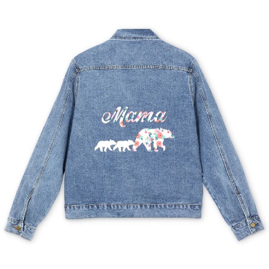 Floral Mama Bear Mom of 2 Mama Bear and Cubs Men's Denim Jackets