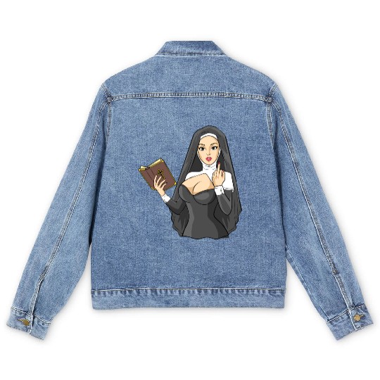 Sexy nun techno middle finger stinky finger sin Men's Denim Jackets