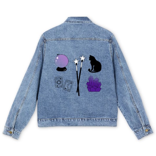 witch magic wand crystal ball tarot crystal cat Men's Denim Jackets