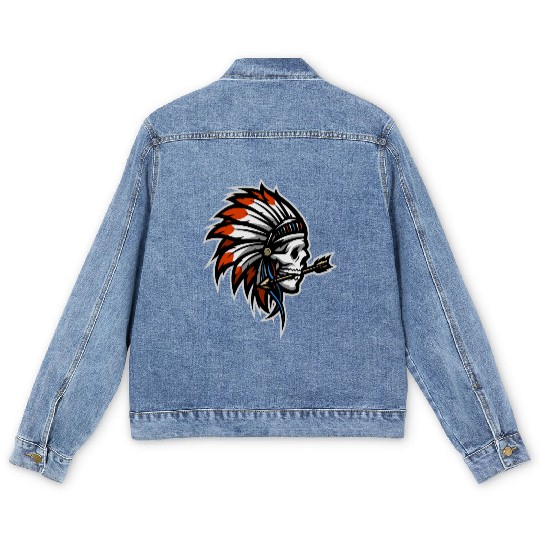 Native American Indian Headdress Skull Men's Denim Jackets