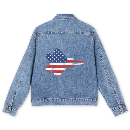 F-22 Raptor Fighter Jet Airplane American Flag F22 Men's Denim Jackets