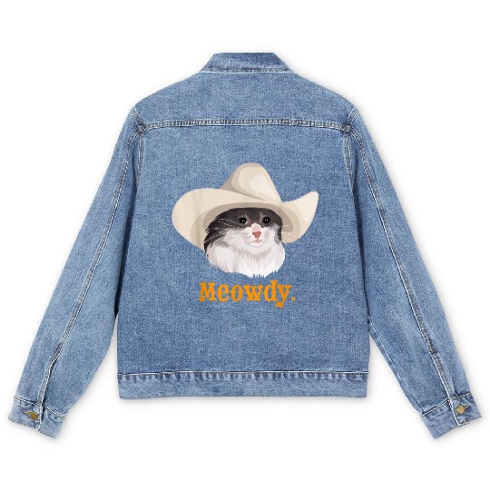 Meowdy Sad Cat Wearing a Cowboy Hat Meme Men's Denim Jackets