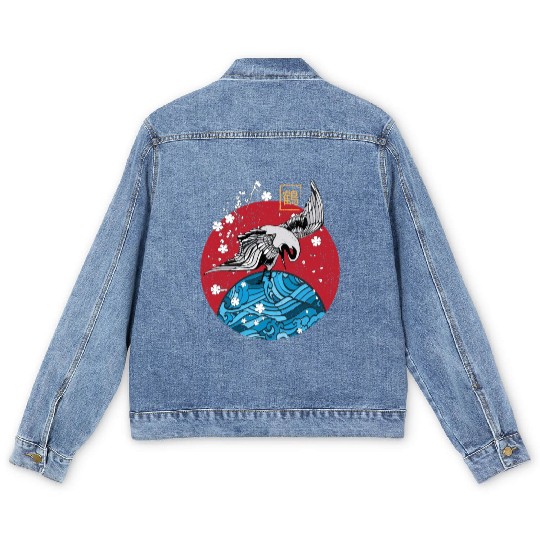Two Asian Koi Fish on Waves Mountain Men's Denim Jackets