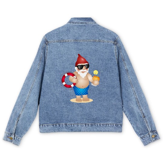 Garden gnome with swimming trunks and lifebuoy Men's Denim Jackets