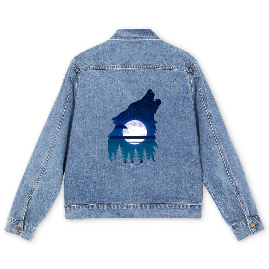 Howling wolf full moon forest howling wild Men's Denim Jackets