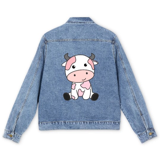 Strawberry Cow Cute Pink Strawberry Cow Kawaii Men's Denim Jackets