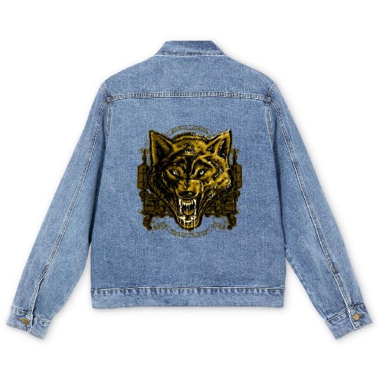 Wild Angry Wolf Tattoo Illustration Men's Denim Jackets