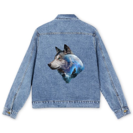 Wolf Moon Forest View Nature Men's Denim Jackets