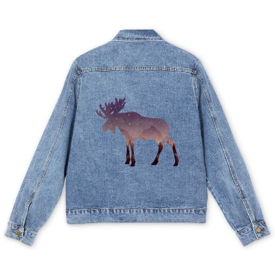 Coniferous Forest Inside Moose Silhouette Men's Denim Jackets
