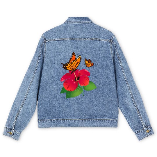 Hibiscus Flower and Monarch Butterfly Nature Men's Denim Jackets