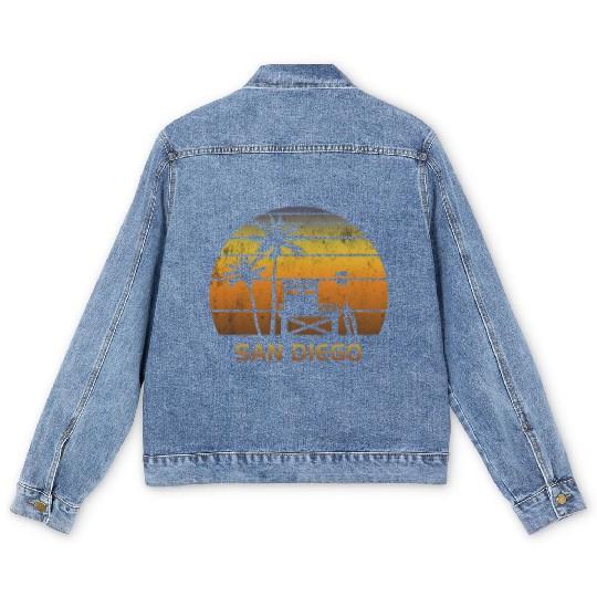 Retro San Diego California Sunset Surfing Palm Men's Denim Jackets