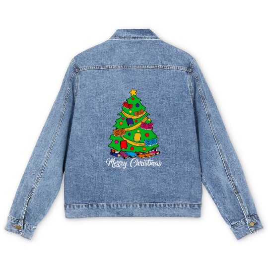 Merry Christmas Tree Love Reading Books Librarian Men's Denim Jackets