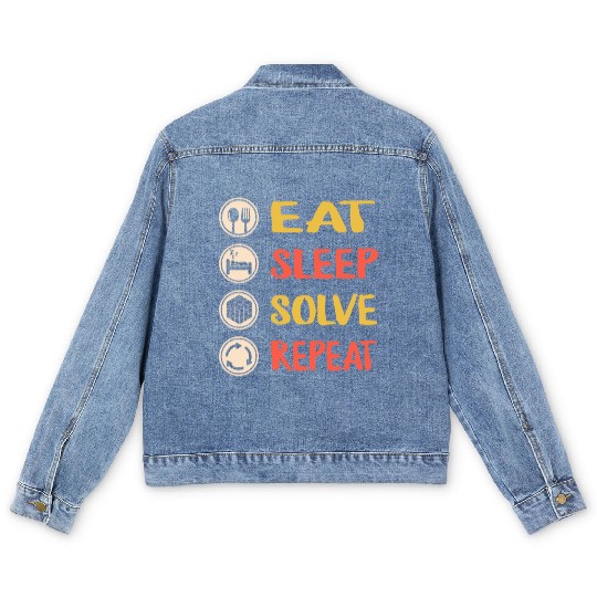 Rubiks Cube Men's Denim Jackets, Vintage Eat Sleep Solve Repeat
