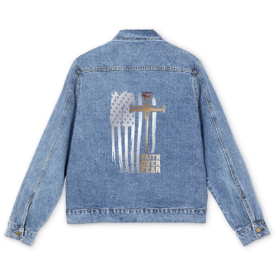 Faith Over Fear Christian American Flag Men's Denim Jackets