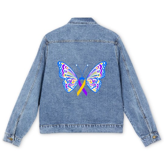 Bladder Cancer Purple Yellow Blue Ribbon Butterfly Men's Denim Jackets