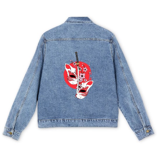 Kitsune mask Japanese sword Katana Japanese Men's Denim Jackets