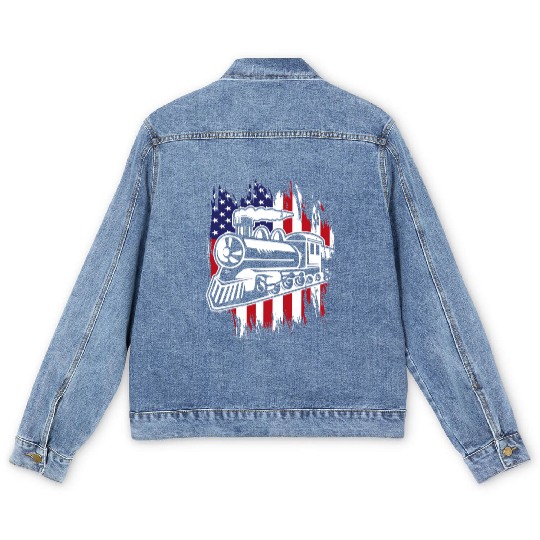 Locomotive Train US Flag 4th Of July Men's Denim Jackets