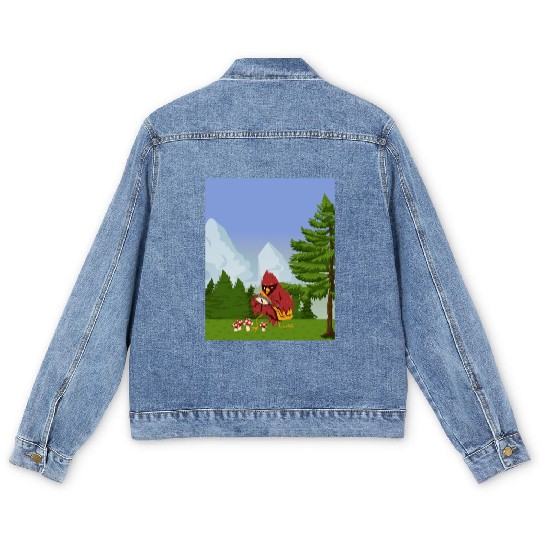 Cardinal Bird Foraging Collecting Mushrooms Men's Denim Jackets