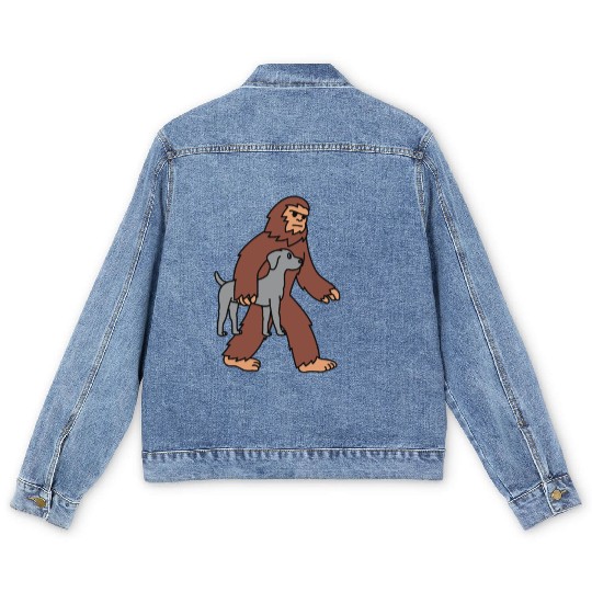 Bigfoot Sasquatch Carrying Weimaraner Men's Denim Jackets
