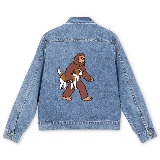 Bigfoot Sasquatch Carrying Saint Bernard Men's Denim Jackets
