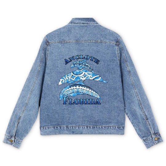 Anclote Florida Vacation Tribal Dolphins Men's Denim Jackets