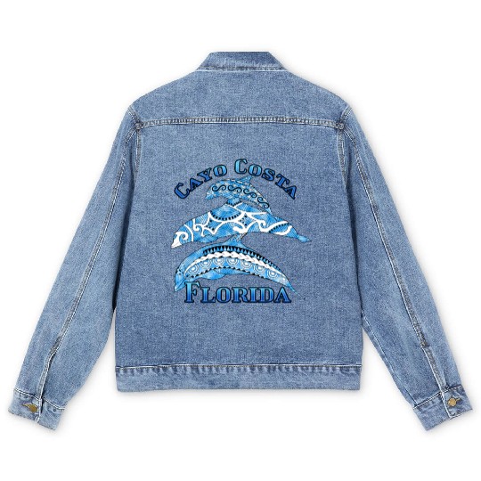 Cayo Costa Florida Vacation Tribal Dolphins Men's Denim Jackets
