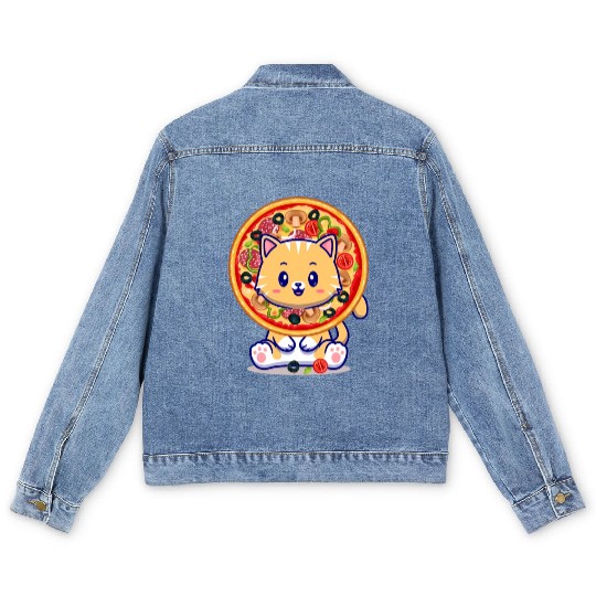 Cat Eating a Pizza Men's Denim Jackets