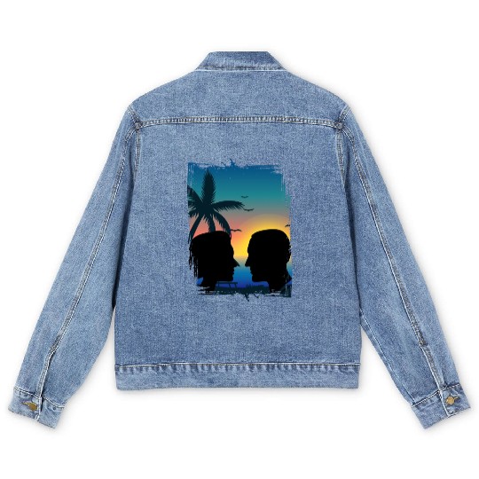 Couples Retro Sunset , Beach, Palm Trees, Vacation Men's Denim Jackets