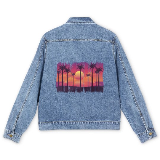 Purple Sunset , Beach, Palm Trees, Vacation Men's Denim Jackets